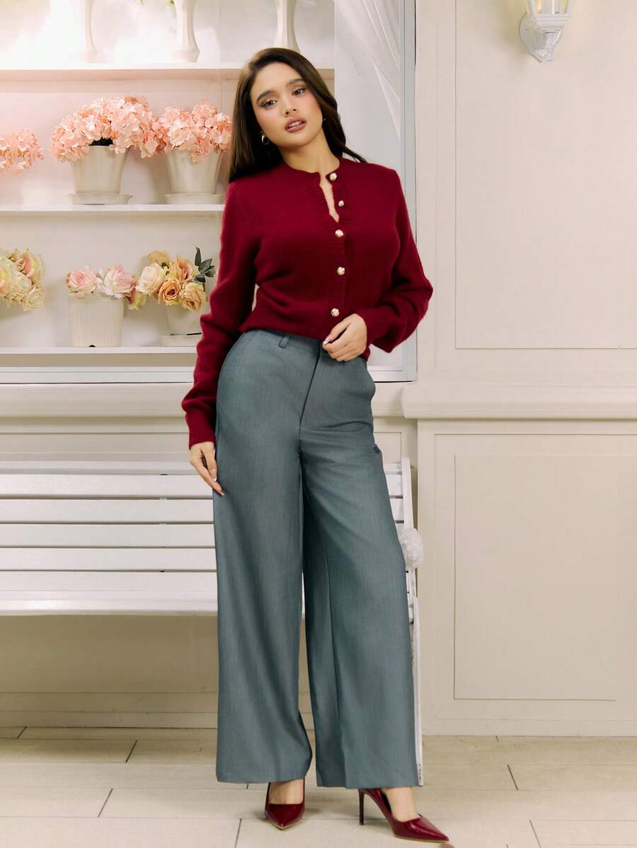 1 件红色开衫，秋季，女士春/秋季休闲纽扣常规袖圆领常规版型红色纯色女士开衫，休闲日常穿着，长袖上衣老钱风格 - 紅色 - 查看 1