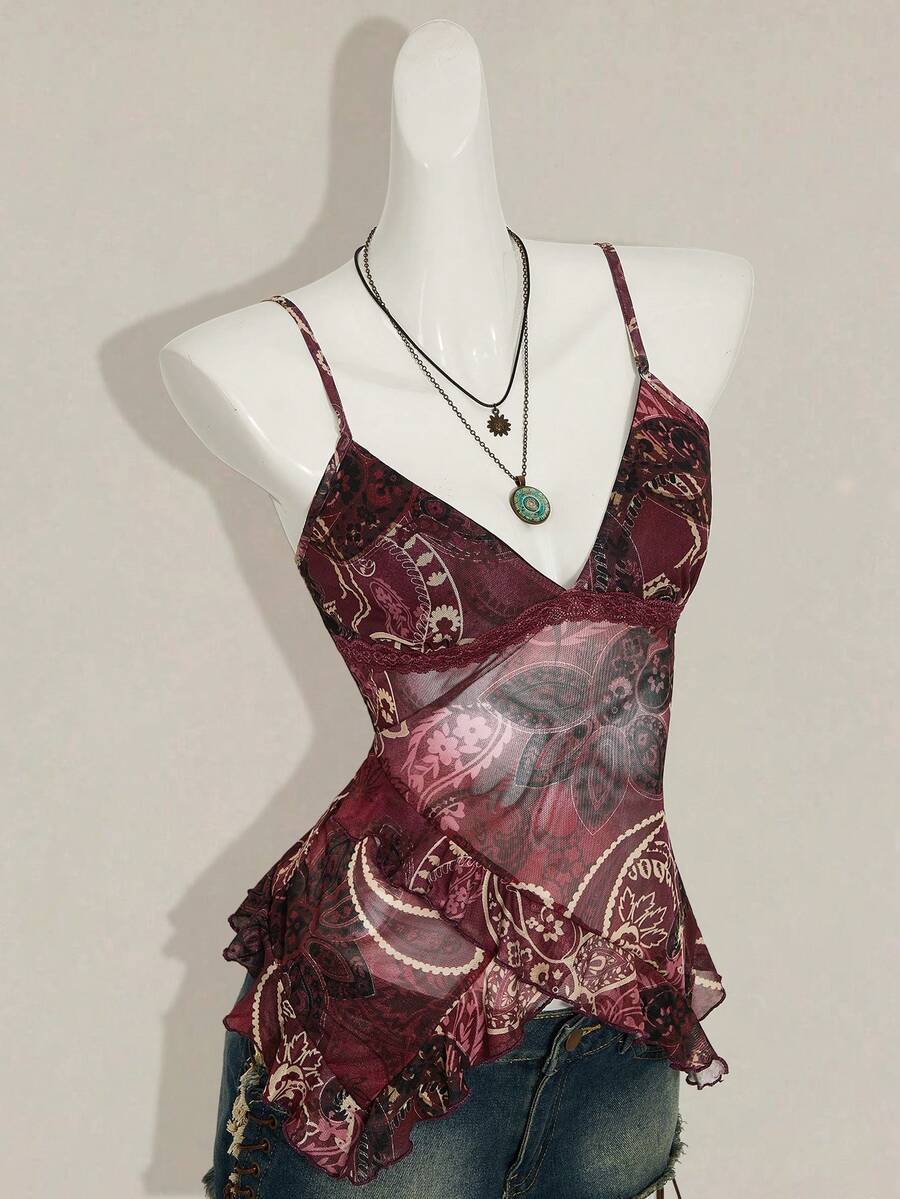 SHEIN ICON Áo hai dây nữ đi nghỉ mát in hoa điều, dây bèo nhún, thích hợp cho ngày Quốc khánh 4 tháng 7, áo mùa hè dễ thương để đi chơi. - Màu Đỏ Sâu - Xem 1