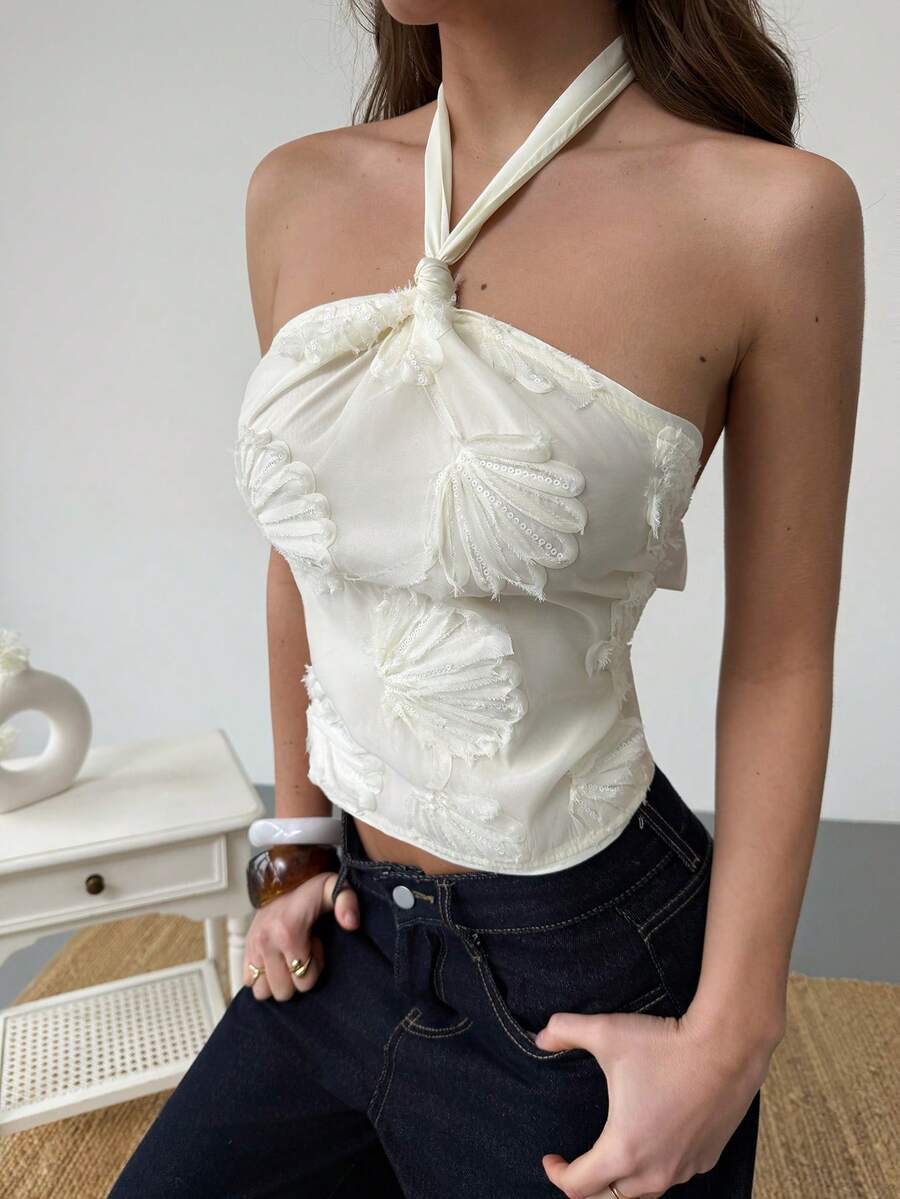 Aloruh Romantic Date Vacation Wedding Halter Backless Sheer Textured Women Tank Top - White - View 1