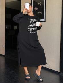 Dazy Plus 大码女式字母印花可爱宽松直筒长袖睡裙，春秋季大码睡衣 - 黑色 - 查看 4