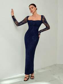 SHEIN Tall Đầm maxi đen ôm sát cơ thể, dài tay, dáng chữ S, chất liệu ren, có gọng nâng ngực, cổ vuông, ôm sát, dành cho nữ, thích hợp cho các buổi tiệc mùa hè, hẹn hò. - Màu xanh hải quân - Xem 3