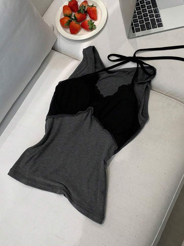 Contrast Color Twist Design Fitted Tank Top With Built-In Padded Bra For Women