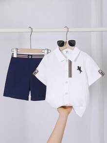 SHEIN 男童两件套超值组合，休闲运动学院风彩色条纹Polo衫领短袖衬衫搭配卡其色梭织短裤，适合日常、春夏、运动、户外、校园、派对、节日、拍照、返校季等场合。 - 彩色 - 查看 4