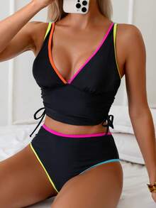 Swim Lushoire Conjunto de bikini casual de vacaciones con ribete de contraste para mujer - Multicolor - Ver 1