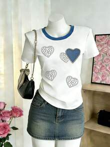 Lalippa 女士心形串珠撞色圆领T恤 - 白色 - 查看 5