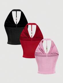 SHEIN MOD 3pcs Women's Solid Color Draped Neck Fashion Camisole Classy Tops 3 Pack Tops Elegant Tops Cowl Neck Top Halter Tops For Women - Multicolor - View 2