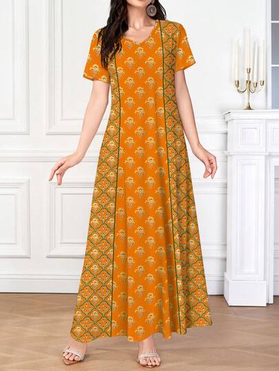 Al Najma Floral Patchwork Dress, Women's Long Dress, V-Neck Short Sleeve Waisted Elegant Dress, Suitable For Vacation, Holiday, And Daily Wear, Summer