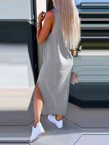 INAWLY Women's Casual Round Neck Side Split Hem Light Gray Vest Dress - Light Grey - View 3