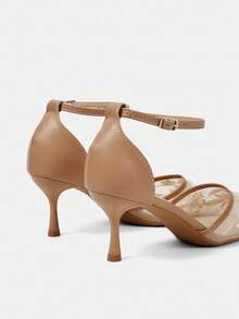 CUCCOO HITCHD 女士鞋履春夏新款珍珠刺绣尖头细跟搭扣6.5cm高跟鞋优雅网面拼接纯色通勤约会婚礼伴娘鞋 - 卡其色G - 查看 4
