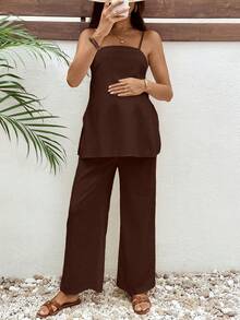 SHEIN Bộ đồ bầu nghỉ dưỡng 2 món: Áo hai dây màu trơn xẻ tà bên hông và quần cạp chun điều chỉnh được. - Cà phê nâu - Xem 6