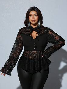 Viva Relle Elegante Spitzen-Patchwork Bluse mit langen Ärmeln für Damen in Große Größen, Lässig & Slim Fit - Schwarz - Übersicht 5