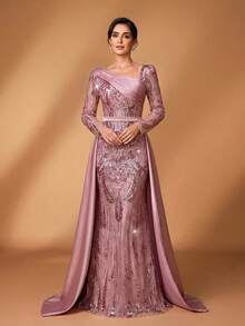 Serin فستان ماكسي أنيق فاخر مطرز بترتر وأكمام من الساتان، مناسب للزفاف والحفلات والعطلات والسهرات، فستان سهرة لأم العروس - وردي مغبر - مشاهدة 5