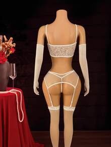 5pcs Women's Sexy Lace Semi-Sheer Spaghetti Strap Mesh Lingerie Set - White - View 7