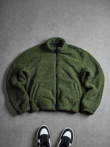 Manfinity Roghcode Chaqueta y abrigo con cremallera de manga larga de unicolor de felpa para hombre, invierno - Verde militar - Ver 4