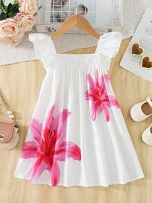 SHEIN 小女孩碎花印花短袖褶皱可爱连衣裙 - 白色 - 查看 5