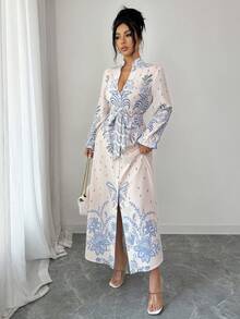 EMERY ROSE Women's Elegant Printed Long Sleeve Dress - Apricot - View 4