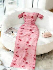 Elenzga 新款女士方领网纱印花腰部褶皱A字连衣裙，优雅适合约会、度假、显瘦，春夏皆宜 - 粉色 - 查看 1