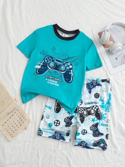 男童电子游戏图案圆领针织短袖上衣和短裤睡衣套装（2件套），柔软亲肤面料，适合夏季穿着