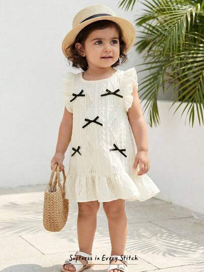 Cozy Pixies Baby Girls' Solid Color Round Neck 3D Bow Sleeveless Dress, Sweet & Cute Casual Versatile, Suitable For Tropical Vacation, Outdoor Play