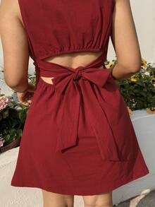 Solflare 大码休闲纯色系带无袖露脐上衣连衣裙 - 酒紅色 - 查看 4