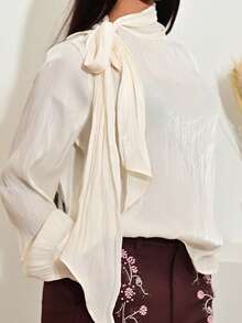 Mima John Women's High Neck Long Sleeve Tie Cuff Elegant Chic Commuter Blouse With Bowknot - Apricot - View 4