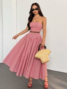 SHEIN PETITE 女士红色露肩格子舞会礼服 A 字无袖褶皱及踝正式晚礼服约会长裙太阳裙长款格纹连衣裙女士度假裙野餐裙,情人节 - 紅色 - 查看 12