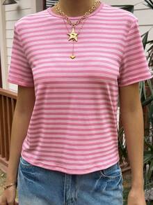 Livesso Pink Round Neck Striped Loose Fit Women's Short Sleeve T-Shirt, Summer - Pink - View 4
