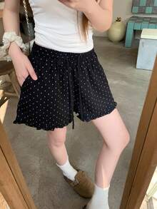 DAZY 女士休闲宽松荷叶边波点短裤 - 黑色 - 查看 2