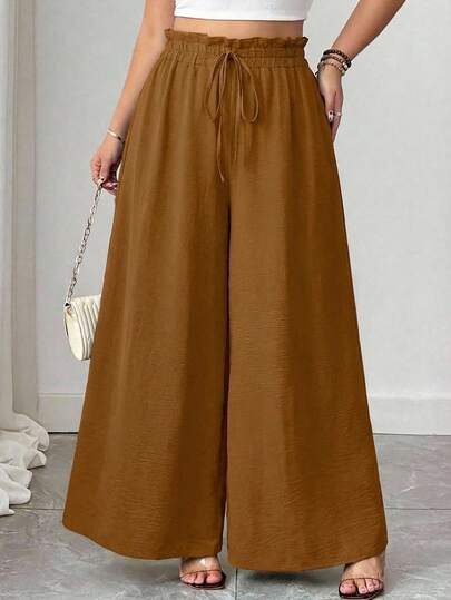 Plus Size Casual Solid Color Drawstring Waist Wide Leg Pants