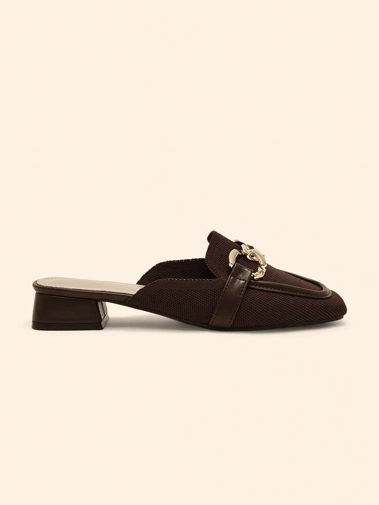 CUCCOO BASICS Women's Low Heel Square Toe Fashion Coffee Color Knit Metal Buckle Comfortable Slip-On Mules, Suitable For Daily, Commute, And Dates