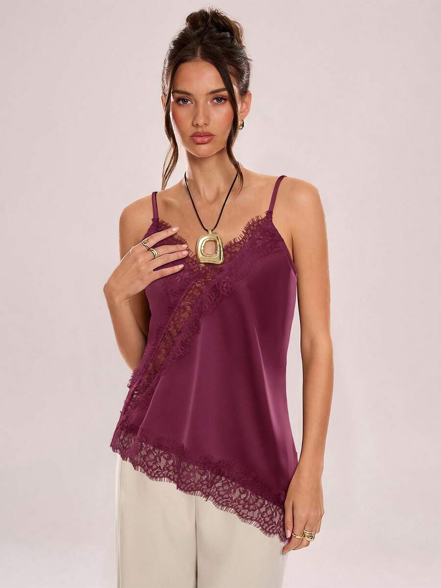 Avenya 女士优雅撞色蕾丝纯色吊带背心，夏季 - 紅色 - 查看 1