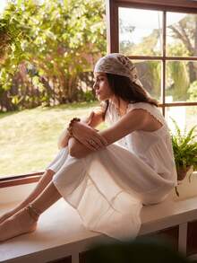 Bohemian Casual Vacation Loose Fit V-Neck Long A-Line Cotton Nightgown For Women - White - View 6