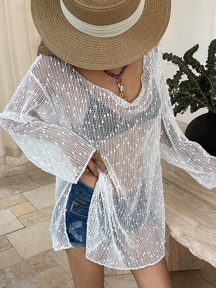 Women's Oversized Crew Neck Textured Fabric Long Sleeve Loose Sheer Vacation T-Shirt Summer