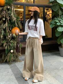 DAZY 女士常规腰围宽松褶皱阔腿牛仔裤，休闲水洗宽松版型牛仔裤 - 卡其色 - 查看 6