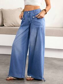 Breezaya 女士带口袋纽扣褶裥休闲百搭日常阔腿牛仔裤 - 深色水洗藍 - 查看 3