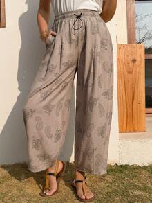 Quần lửng nữ họa tiết Paisley, cạp chun, dáng rộng, có dây rút. - Màu Khaki - Xem 4