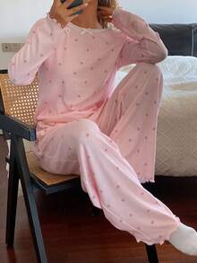 DAZY Ditsy Floral Trim Collar Women Pajama Set - Pink - View 4
