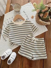 SHEIN 女婴夏季可爱条纹短袖T恤和短裤套装 - 黑與白 - 查看 6