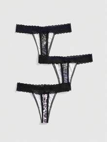 ROMWE Gothic Style Crystal Cross, Skull, Bat, Leopard Print, Spider Web Lace Thong Panties - Multicolor - View 2
