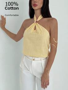 Aloruh Áo tank top cotton tối giản, gợi cảm, hở lưng, buộc dây xoắn, ôm sát dành cho nữ. - Màu vàng - Xem 7