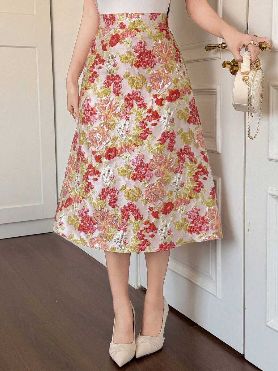 DAZY High-End French Regal Style Metallic Jacquard High Waist A-Line Skirt For Women - Red - View 1