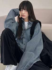 DAZY 复古水洗做旧牛仔衬衫，女士牛仔上衣 - 中等水洗藍 - 查看 3