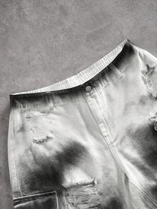 ROMWE MEN Street Life 男士夏季休闲时尚街头渐变水洗做旧铆钉宽松阔腿工装牛仔裤，不含链条腰带 - 白色 - 查看 10