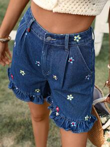 Breezaya 女士休闲花卉刺绣荷叶边牛仔短裤 - 藍色 - 查看 7
