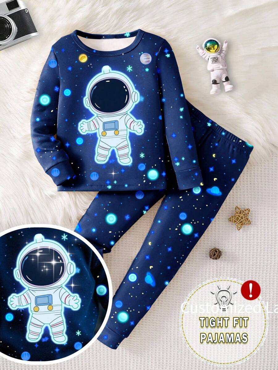 Young Boy Glow-In-The-Dark Space Astronaut Print Knit Elastic Top And Matching Full Print Elastic Comfortable Knit Pants Pajama Set, Autumn/Spring - Navy Blue - View 1