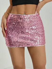 SHEIN PETITE Chân váy ngắn đính sequin màu trơn dành cho nữ, thích hợp cho các dịp tiệc tùng. - Bụi hồng - Xem 5