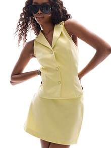 Aveloria GENKIRA French European Style Blazer Collar Bow Decor Sleeveless Top & Slim Fit Waist Short Skirt 2-Piece Set, Professional Elegant Look For Women - Yellow - View 1