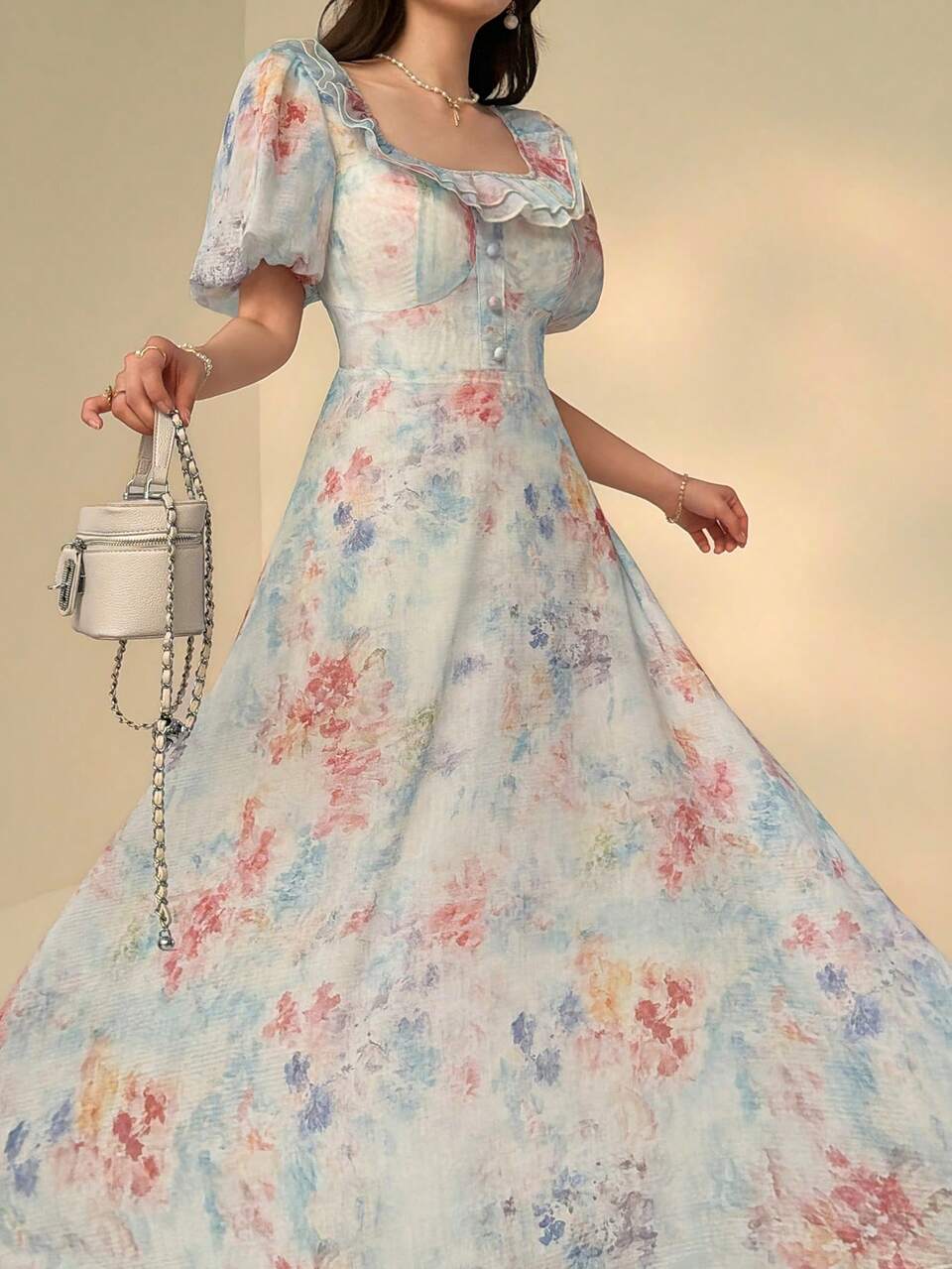 Women's Floral Print Patchwork Ruffle Hem Short Puff Sleeve Elegant Mid-Length Dress Sundress Boho Vacation Outfits Women