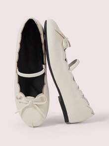 CUCCOO DOLLMOD Silver Round Head Pleated Dance Ballet Shoes French Retro One-Pedal Flat-Soled College Single Shoes Women's Gentle Temperament Bow Versatile One-Word Belt Mary Jane Shoes - Off-white - View 1