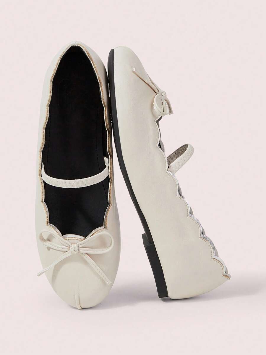 CUCCOO DOLLMOD Silver Round Head Pleated Dance Ballet Shoes French Retro One-Pedal Flat-Soled College Single Shoes Women's Gentle Temperament Bow Versatile One-Word Belt Mary Jane Shoes - Off-white - View 1